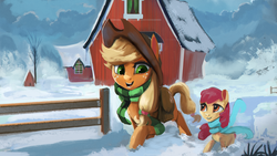 Size: 1920x1080 | Tagged: safe, artist:hierozaki, apple bloom, applejack, earth pony, pony, g4, barn, clothes, cowboy hat, duo, duo female, female, filly, hat, looking at each other, mare, scarf, snow, stetson, walking