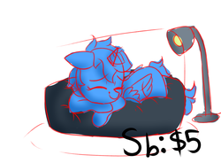 Size: 1868x1378 | Tagged: safe, artist:itwasscatters, advertisement, beanbag chair, commission, horn, lamp, sleeping, wings, your character here