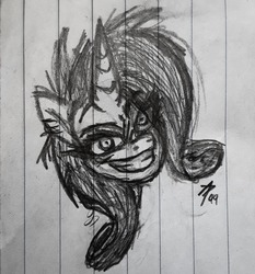 Size: 1080x1159 | Tagged: safe, rarity, pony, lil-miss rarity, g4, creepypasta, dark, female, insanity, lined paper, rarisnap, sketch, solo, traditional art