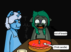 Size: 1024x747 | Tagged: safe, artist:inspiria draws, oc, oc:algorithm, oc:minus, earth pony, pony, unicorn, cake, candle, food, glasses, male, text