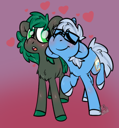 Size: 432x466 | Tagged: safe, artist:lilsunshinesam, oc, oc only, oc:algorithm, oc:minus, earth pony, pony, unicorn, cute, cutie mark, gay, glasses, male, nuzzling, shipping