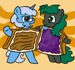 Size: 640x600 | Tagged: safe, artist:ficficponyfic, oc, oc only, oc:algorithm, oc:minus, earth pony, pony, unicorn, clothes, cute, food, gay, glasses, male, sandwich, shipping, simple background