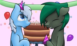 Size: 3000x1800 | Tagged: safe, artist:tawpai, oc, oc:algorithm, oc:minus, earth pony, pony, unicorn, balloon, cake, candle, cute, food, hat, male, party hat, shipping, simple background