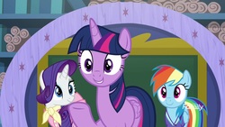 Size: 1920x1080 | Tagged: safe, screencap, rainbow dash, rarity, twilight sparkle, alicorn, pony, g4, the end in friend, camping outfit, clothes, shirt, twilight sparkle (alicorn)