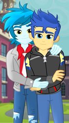 Size: 1024x1820 | Tagged: safe, artist:supermaxx92, flash sentry, thunderbass, equestria girls, g4, my little pony equestria girls: better together, canterlot high, gay, hug, humanized, looking at you, male, shipping, thunderflash, vector