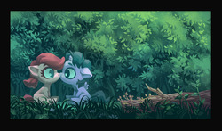 Size: 1280x752 | Tagged: safe, artist:holivi, oc, oc only, oc:bender watt, oc:holivi, alicorn, earth pony, pony, g4, boop, colt, cute, eye contact, female, filly, floppy ears, foal, forest, frown, grass, holiwatt, log, looking at each other, male, mushroom, nature, noseboop, ocbetes, scenery, sitting, tree