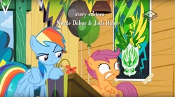Size: 1674x934 | Tagged: safe, screencap, rainbow dash, scootaloo, pegasus, pony, g4, the washouts (episode), caught, clubhouse, crusaders clubhouse, duo, female, filly, foal, mare, poster
