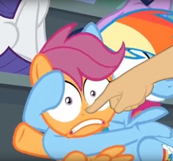 Size: 1005x933 | Tagged: safe, edit, edited screencap, screencap, rainbow dash, scootaloo, pony, g4, the washouts (episode), boop, boop edit, faic, female, finger, hand, non-consensual booping