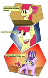 Size: 705x1134 | Tagged: safe, artist:sneshpone, apple bloom, scootaloo, starlight glimmer, sweetie belle, earth pony, pegasus, pony, unicorn, g4, comic, cutie mark crusaders, female, filly, frown, funny face, mare, smiling, transparent background