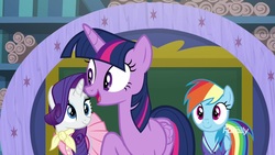 Size: 1920x1080 | Tagged: safe, screencap, rainbow dash, rarity, twilight sparkle, alicorn, pony, g4, the end in friend, camping outfit, clothes, dress, shirt, twilight sparkle (alicorn)