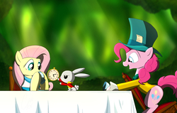 Size: 5672x3600 | Tagged: safe, artist:theravencriss, angel bunny, fluttershy, pinkie pie, earth pony, pegasus, pony, g4, alice, alice in wonderland, bowtie, chair, clock, cup, female, hat, mad hatter, mare, table, teacup, top hat