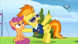 Size: 854x480 | Tagged: safe, screencap, scootaloo, spitfire, pegasus, pony, g4, season 8, the washouts (episode), boomerang (tv channel), clothes, duo, female, filly, foal, mare, uniform, wonderbolts dress uniform