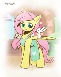 Size: 860x1080 | Tagged: safe, artist:howxu, angel bunny, fluttershy, g4, alternate hairstyle, anime, apron, clothes, cropped, cute, female, fluttershy's cottage, shyabetes, solo