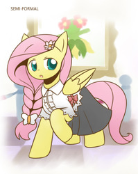Size: 860x1080 | Tagged: safe, artist:howxu, fluttershy, bellossom, g4, alternate hairstyle, apron, clothes, cropped, cute, dress, female, pokémon, pokémon gold and silver, shyabetes, solo