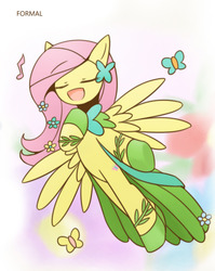 Size: 860x1080 | Tagged: safe, artist:howxu, fluttershy, butterfly, pegasus, pony, g4, clothes, cropped, cute, dress, eyes closed, female, gala dress, mare, open mouth, shyabetes, singing, solo