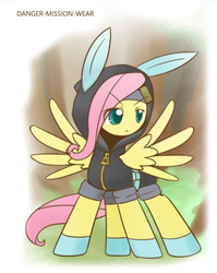 Size: 860x1080 | Tagged: safe, artist:howxu, fluttershy, pegasus, pony, g4, bunny ears, clothes, costume, cropped, cute, dangerous mission outfit, female, goggles, hoodie, mare, shyabetes, solo