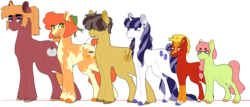 Size: 4433x1906 | Tagged: safe, artist:seasaltsailor, oc, oc only, oc:apple turnover, oc:cortland pie, oc:crab apple pie, oc:daredevil, oc:pumpkin spice, oc:sapphire shimmer, pony, adopted offspring, blank flank, bow, colt, cousins, female, filly, hair bow, hair over eyes, half-siblings, magical lesbian spawn, male, mare, next generation, offspring, parent:apple bloom, parent:applejack, parent:babs seed, parent:big macintosh, parent:fancypants, parent:marble pie, parent:rarity, parent:scootaloo, parent:tender taps, parents:babscoot, parents:marblemac, parents:rarijack, parents:raripants, parents:tenderbloom, siblings, simple background, size chart, size comparison, stallion, straw in mouth, transparent background, unshorn fetlocks