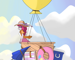 Size: 1024x819 | Tagged: safe, artist:genericmlp, pinkie pie, earth pony, anthro, g4, clothes, cloud, female, hat, hot air balloon, inner tube, solo, sunglasses