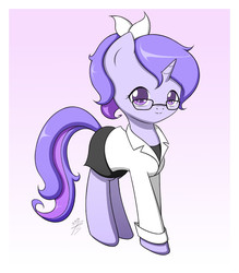 Size: 700x800 | Tagged: safe, artist:jdan-s, oc, oc only, oc:doctor violet, pony, unicorn, bow, clothes, cute, glasses, lab coat, looking at you, ocbetes, pixiv, ponytail, skirt, solo