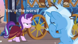 Size: 1171x659 | Tagged: safe, edit, edited screencap, screencap, starlight glimmer, trixie, pony, unicorn, g4, road to friendship, abuse, boomerang (tv channel), clothes, crying, duo, female, hoo'far's wagon, mare, messy mane, op is a duck, robe, sad, trixiebuse