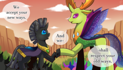 Size: 1500x860 | Tagged: safe, artist:vavacung, thorax, oc, oc:loveless, oc:loveless nova, changedling, changeling, g4, changeling oc, female, king thorax, male