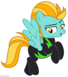 Size: 5720x6500 | Tagged: safe, artist:suramii, lightning dust, pegasus, pony, the washouts (episode), absurd resolution, clothes, female, flying, mare, open mouth, simple background, solo, transparent background, uniform, vector, washouts uniform
