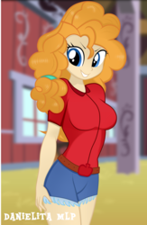 Size: 1024x1572 | Tagged: safe, artist:danielitamlp, pear butter, equestria girls, g4, adorasexy, applejack's mom, barn, beautiful, belt, breasts, busty pear butter, clothes, cute, denim, denim shorts, equestria girls-ified, female, indoors, like mother like daughter, like parent like child, pearabetes, runs in the family, sexy, shirt, shorts, smiling, solo