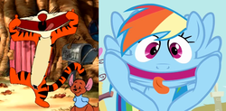 Size: 1074x527 | Tagged: safe, edit, screencap, rainbow dash, a bird in the hoof, g4, comparison, faic, funny face, male, roo, tigger, tongue out, who likes to?, winnie the pooh, winnie the pooh toddler (pc)