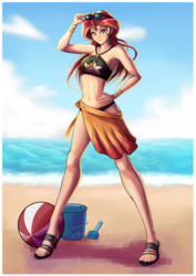 Size: 2480x3508 | Tagged: safe, artist:the-park, sunset shimmer, human, equestria girls, equestria girls specials, g4, my little pony equestria girls: better together, my little pony equestria girls: forgotten friendship, armpits, beach, belly button, bikini, breasts, clothes, female, hand on hip, high heels, high res, looking at you, midriff, ocean, sandals, shoes, signature, sky, solo, summer sunset, sunglasses, swimsuit