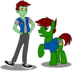 Size: 4235x4163 | Tagged: safe, artist:vector-brony, oc, oc only, oc:pastel dice, earth pony, human, pony, equestria girls, g4, absurd resolution, clothes, cutie mark, equestria girls-ified, grin, hand in pocket, human ponidox, looking at each other, male, pants, raised hoof, self paradox, self ponidox, shirt, shoes, simple background, smiling, sneakers, stallion, transparent background, vector, vest