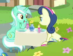 Size: 550x425 | Tagged: safe, screencap, bon bon, lyra heartstrings, rainbow dash, sweetie drops, earth pony, pony, unicorn, g4, the end in friend, animated, cropped, duo focus, female, gif, mare, sitting, table, talking