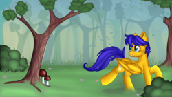 Size: 2732x1536 | Tagged: safe, artist:xcinnamon-twistx, oc, oc only, oc:crushingvictory, pegasus, pony, falling leaves, forest, leaves, male, mushroom, running, smiling, solo, stallion, tree, ych result