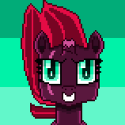 Size: 1501x1501 | Tagged: safe, artist:superhypersonic2000, fizzlepop berrytwist, tempest shadow, pony, unicorn, g4, abstract background, broken horn, female, horn, looking at you, mare, pixel art, smiling, solo