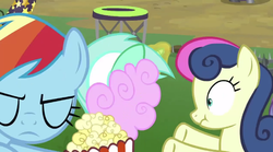 Size: 1124x627 | Tagged: safe, screencap, bon bon, lyra heartstrings, rainbow dash, sweetie drops, earth pony, pony, g4, the washouts (episode), cotton candy, female, food, mare, not cool, popcorn, stealing