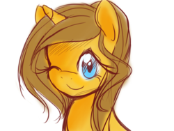 Size: 1600x1200 | Tagged: safe, artist:miraimystery, oc, oc only, oc:melody, pony, unicorn, blinking, female, looking at you, mare, one eye closed, simple background, smiling, solo, traditional art, transparent background, wink