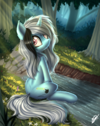 Size: 2008x2504 | Tagged: safe, artist:alexander56910, derpibooru exclusive, oc, oc only, oc:diamond blast shine, pony, unicorn, forest, high res, looking at you, river, sitting, solo