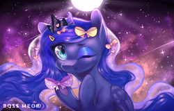 Size: 3577x2293 | Tagged: safe, artist:bossmeow, princess luna, alicorn, pony, g4, bow, crown, cute, eyeshadow, female, high res, jewelry, lunabetes, makeup, mare, moon, one eye closed, regalia, ribbon, solo, wink