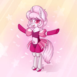 Size: 3072x3072 | Tagged: safe, artist:dsp2003, oc, oc only, oc:sakuragi-san, pony, unicorn, abstract background, bipedal, blushing, clothes, cosplay, costume, crossover, cute, diamond, dsp2003 is trying to murder us, female, flower petals, frog (hoof), gem, gloves, high res, looking at you, mare, open mouth, pink, pink diamond, pink diamond (steven universe), solo, spoilers for another series, stars, steven universe, t pose, underhoof