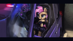 Size: 1920x1080 | Tagged: safe, artist:drafthoof, artist:hierozaki, cheerilee, mayor mare, earth pony, pony, g4, 80s mayor mare, car, clothes, collaboration, dress, duo, letterboxing, non-dyed mayor, police, younger