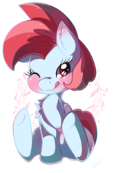 Size: 2192x3268 | Tagged: safe, artist:mangogryph, oc, oc only, oc:rosebud, pony, blushing, chibi, high res, looking at you, one eye closed, red eyes, simple background, solo, transparent background, wink