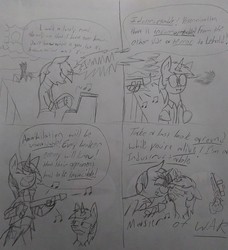 Size: 1906x2090 | Tagged: safe, artist:derpanater, oc, oc only, oc:blackjack, oc:littlepip, cyborg, pony, unicorn, fallout equestria, fallout equestria: project horizons, black and white, boulevard of broken dreams, clothes, comic, disturbed, exploitable meme, eyes closed, fanfic, fanfic art, female, floppy ears, glowing horn, grayscale, green day, guitar, gun, handgun, hooves, horn, indestructable (song), jumpsuit, levitation, little macintosh, lyrics, magic, mare, meme, monochrome, music, musical instrument, open mouth, optical sight, piano, pipbuck, revolver, song, song reference, telekinesis, text, this will end in death, traditional art, vault suit, weapon