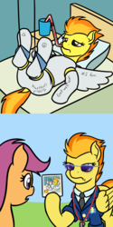 Size: 1280x2560 | Tagged: safe, artist:mkogwheel, part of a set, scootaloo, spitfire, pegasus, pony, g4, the washouts (episode), angry, bed, body cast, cast, clothes, female, filly, full body wing and hoof cast drinking through a straw, hospital, implied fleetfire, mare, necktie, photo, spitfire in a full body wing and hoof cast drinking through a straw, spitfire's tie, uniform, wonderbolts, wonderbolts dress uniform