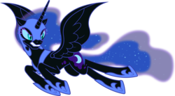 Size: 10614x5851 | Tagged: safe, artist:fruft, nightmare moon, alicorn, pony, a royal problem, g4, .svg available, absurd resolution, angry, concave belly, ethereal mane, ethereal tail, eyelashes, female, flying, gritted teeth, hoof shoes, horn, lidded eyes, long horn, long legs, long mane, long tail, looking down, mare, peytral, princess shoes, simple background, slender, slit pupils, solo, spread wings, starry mane, starry tail, tail, tall, teeth, thin, transparent background, vector, wings