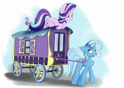 Size: 2508x1774 | Tagged: safe, artist:renderpoint, starlight glimmer, trixie, pony, unicorn, g4, road to friendship, chest fluff, cutie mark, duo, female, harness, horn, mare, pony pulls the wagon, simple background, tack, trixie's wagon, wagon