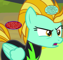 Size: 756x720 | Tagged: safe, edit, edited screencap, editor:korora, screencap, lightning dust, pegasus, pony, g4, the washouts (episode), arrested, clothes, cropped, female, implied oc, implied police officer, implied scootaloo, mare, miranda rights, open mouth, reality ensues, speech bubble, text, uniform, washouts uniform