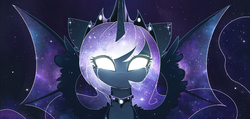 Size: 1327x631 | Tagged: safe, artist:magnaluna, princess luna, alicorn, pony, zefiros codex, g4, alternate design, alternate universe, bat wings, beautiful, color porn, crying, ear fluff, ethereal mane, female, glowing eyes, solo, sparkles, wing fluff