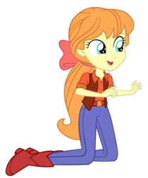 Size: 2427x2898 | Tagged: safe, artist:invisibleink, megan williams, equestria girls, equestria girls specials, g1, g4, my little pony equestria girls: rollercoaster of friendship, rescue at midnight castle, boots, bow, clothes, cowboy boots, cowgirl outfit, cute, denim, female, g1 to equestria girls, generation leap, hair bow, high res, jeans, kneeling, megandorable, open mouth, orange hair, pants, ponytail, shoes, simple background, smiling, solo, transparent background, vector