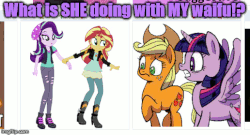 Size: 516x279 | Tagged: safe, idw, applejack, starlight glimmer, sunset shimmer, twilight sparkle, alicorn, derpibooru, equestria girls, equestria girls specials, g4, my little pony equestria girls: mirror magic, my little pony equestria girls: movie magic, animated, colored text, female, geode of empathy, gif, image macro, imgflip, implied polyamory, juxtaposition, lesbian, mathematician's answer, meme, meta, ship:shimmerglimmer, ship:sunsetsparkle, ship:twistarlight, shipping, twilight sparkle (alicorn), twishimmerglimmer, yes