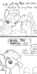 Size: 960x1920 | Tagged: safe, artist:tjpones, rainbow dash, twilight sparkle, alicorn, pegasus, pony, g4, 30 minute art challenge, bait and switch, blushing, comic, cronyism, dialogue, female, friends with benefits, grayscale, horse taxes, innuendo, mare, monochrome, mouth hold, raised hoof, simple background, sweat, taxes, twilight sparkle (alicorn), white background