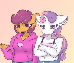 Size: 1000x846 | Tagged: safe, artist:synnibear03, scootaloo, sweetie belle, oc, oc only, oc:ponytale scootaloo, oc:ponytale sweetie belle, pegasus, unicorn, anthro, comic:ponytale, g4, belly button, clothes, duo, female, hoodie, horn, jeans, mare, midriff, older, orange background, pants, scowl, simple background, tank top, wings